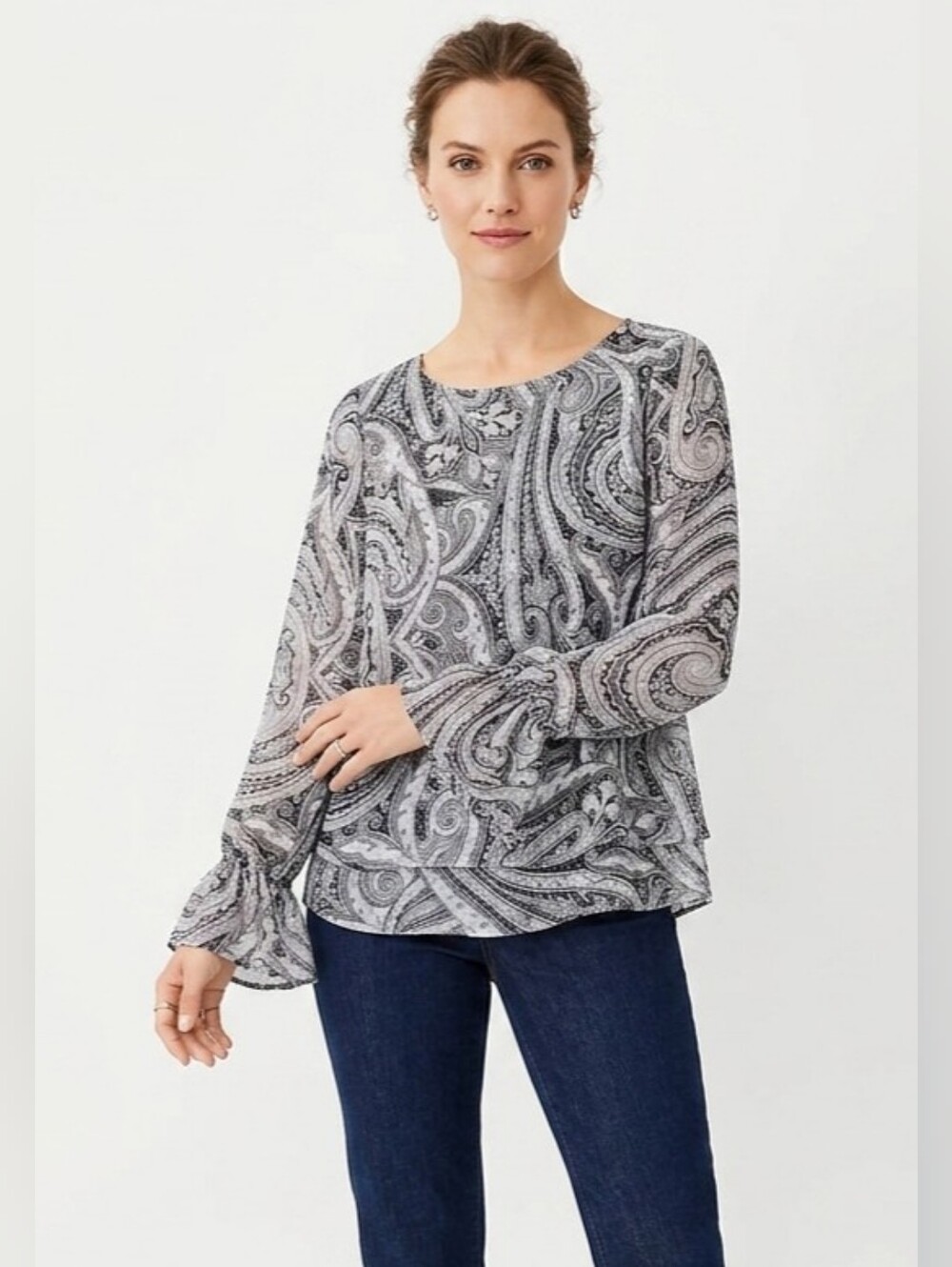 White House Black Market Black & White Paisley Layered Blouse